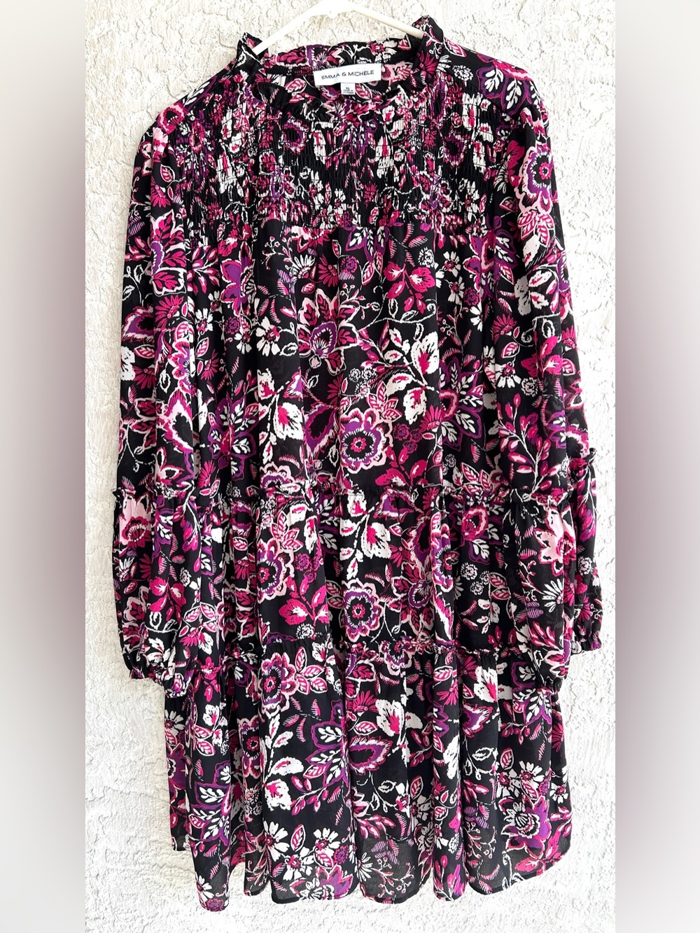 Emma & Michele Black Floral Midi Dress with Fuchsia Accents